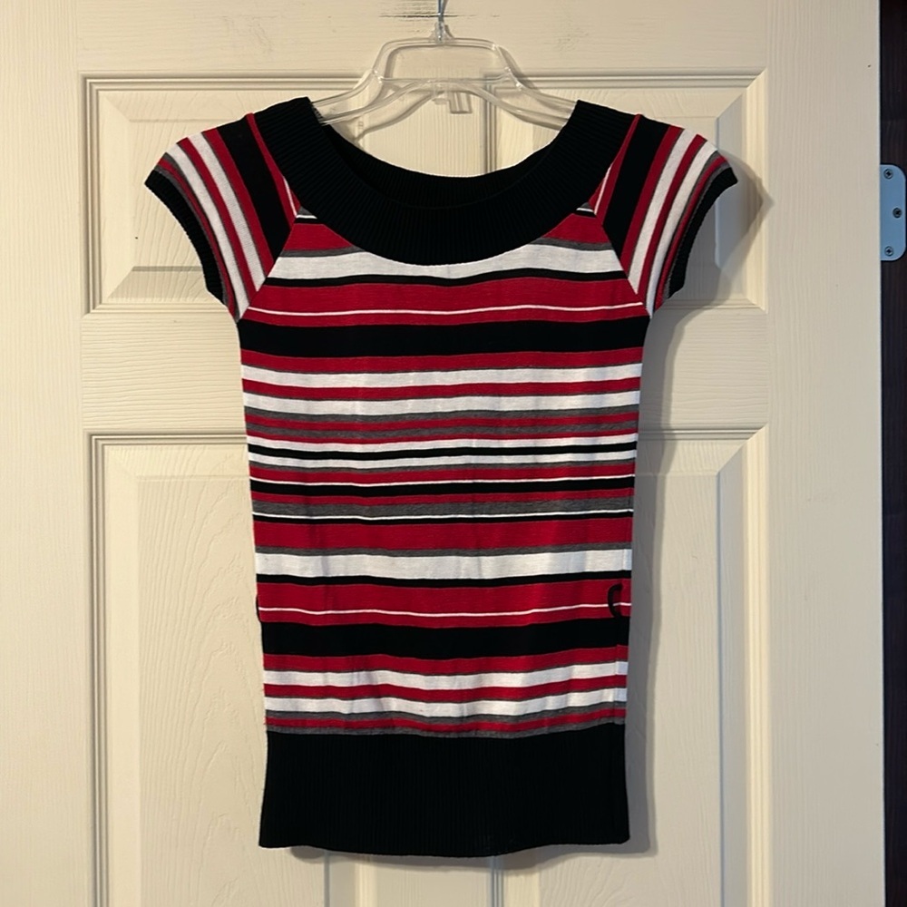 NWOT IZ Byer Sweater Black Red Grey Stripe Boat Neck Small